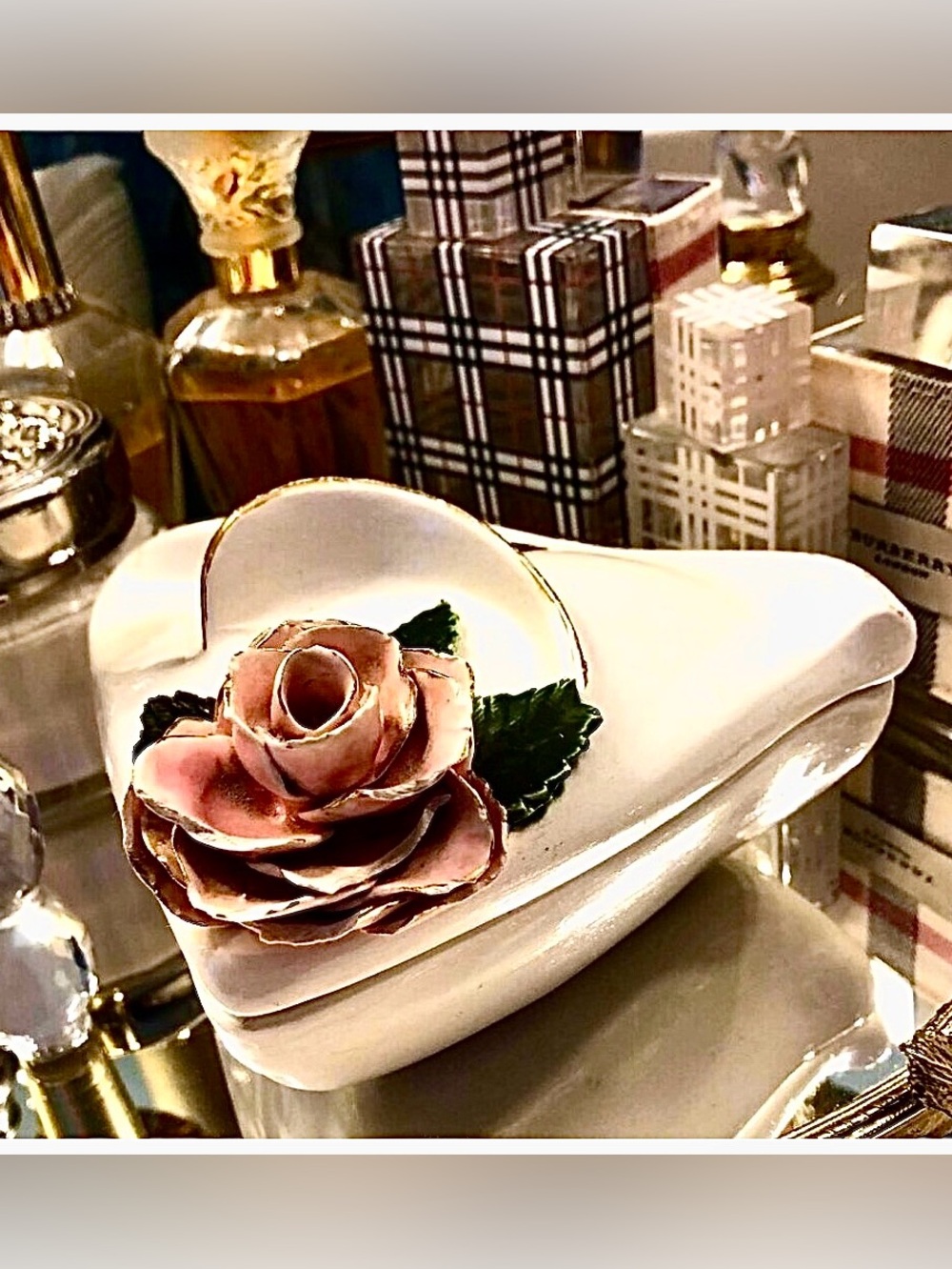 Antique Porcelain Art Sculpted Rose Lid Vanity Powder Box